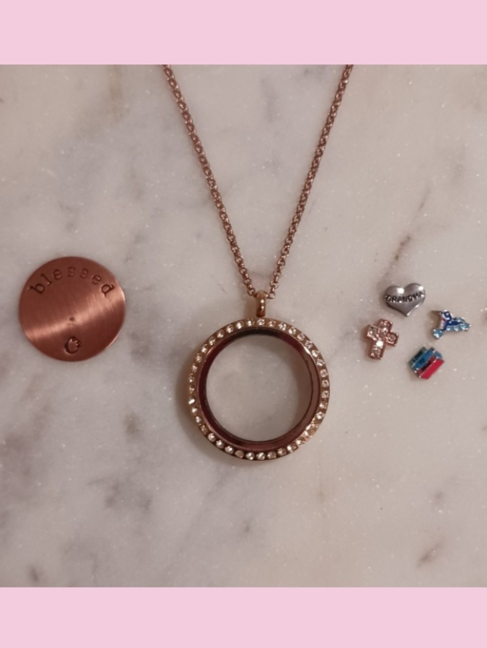 Origami Owl Living Locket Blessed Plate & 4 Floating Charms Rose Gold 24" Chain